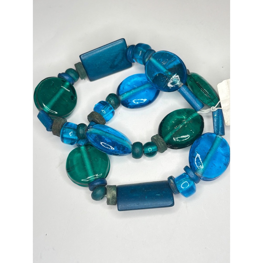 Blue Green Glass Stone Stretch Bracelet Set 2pc Made in India NWT